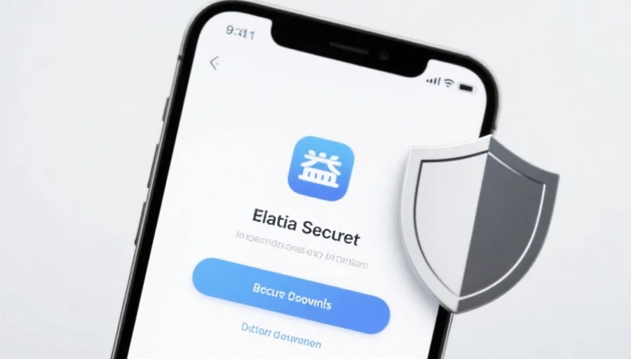 一部现代智能手机屏幕上显示辉达应用的安全下载界面，旁边有安全盾牌图标，背景简洁